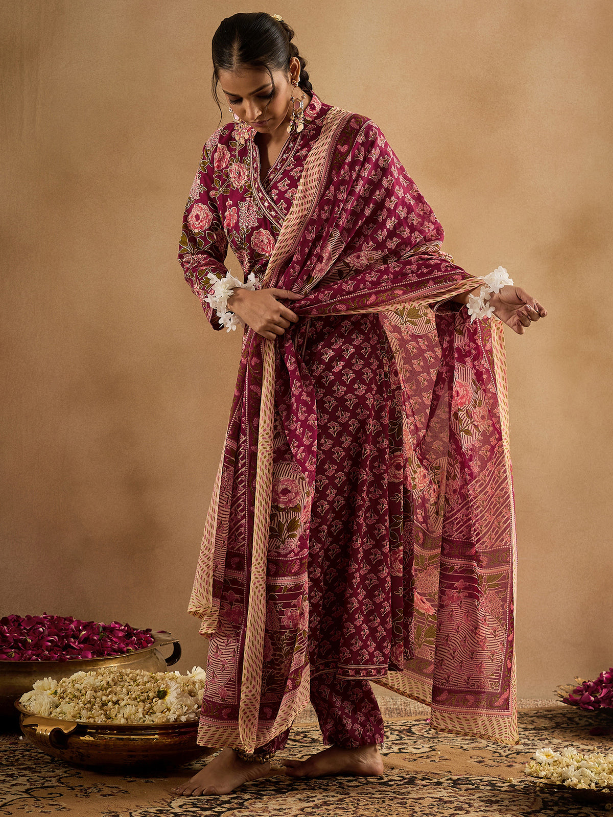 Burgundy Printed A-Line Kurta Trousers With Dupatta Set
