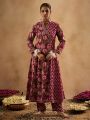 Burgundy Printed A-Line Kurta Trousers With Dupatta Set