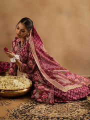 Burgundy Printed A-Line Kurta Trousers With Dupatta Set