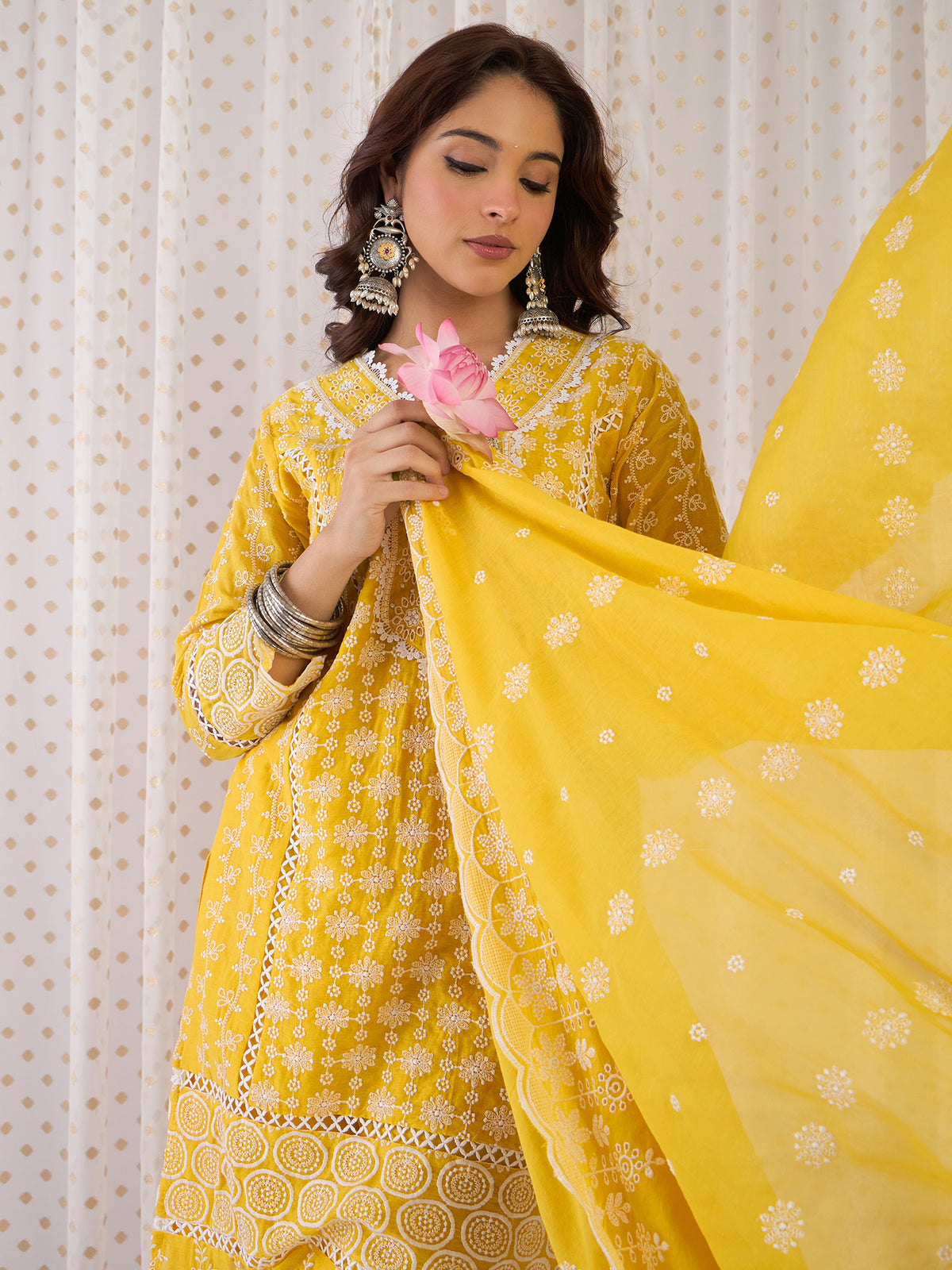 Mustard Embroidered Straight Kurta Trousers With Dupatta Set