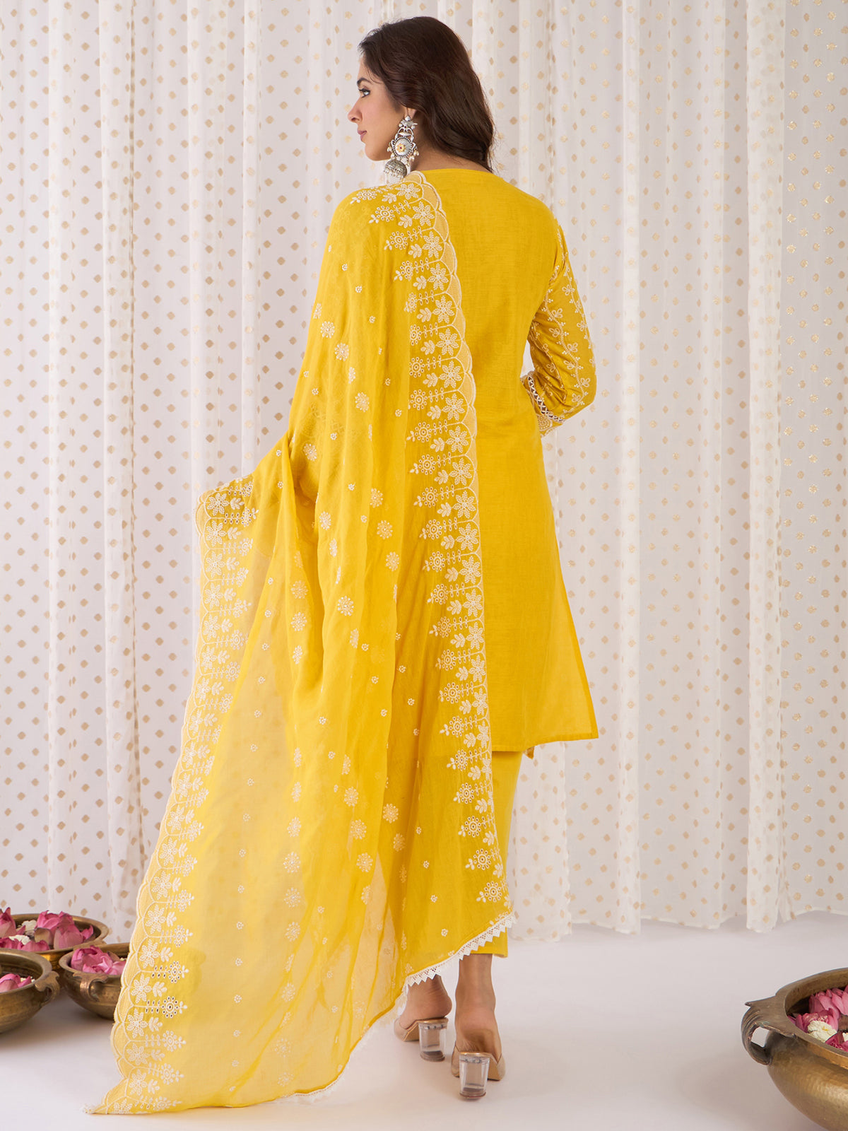 Mustard Embroidered Straight Kurta Trousers With Dupatta Set