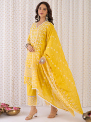 Mustard Embroidered Straight Kurta Trousers With Dupatta Set