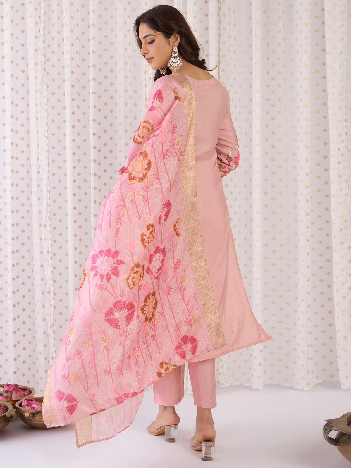 Peach Embroidered Straight Kurta Trousers With Dupatta Set