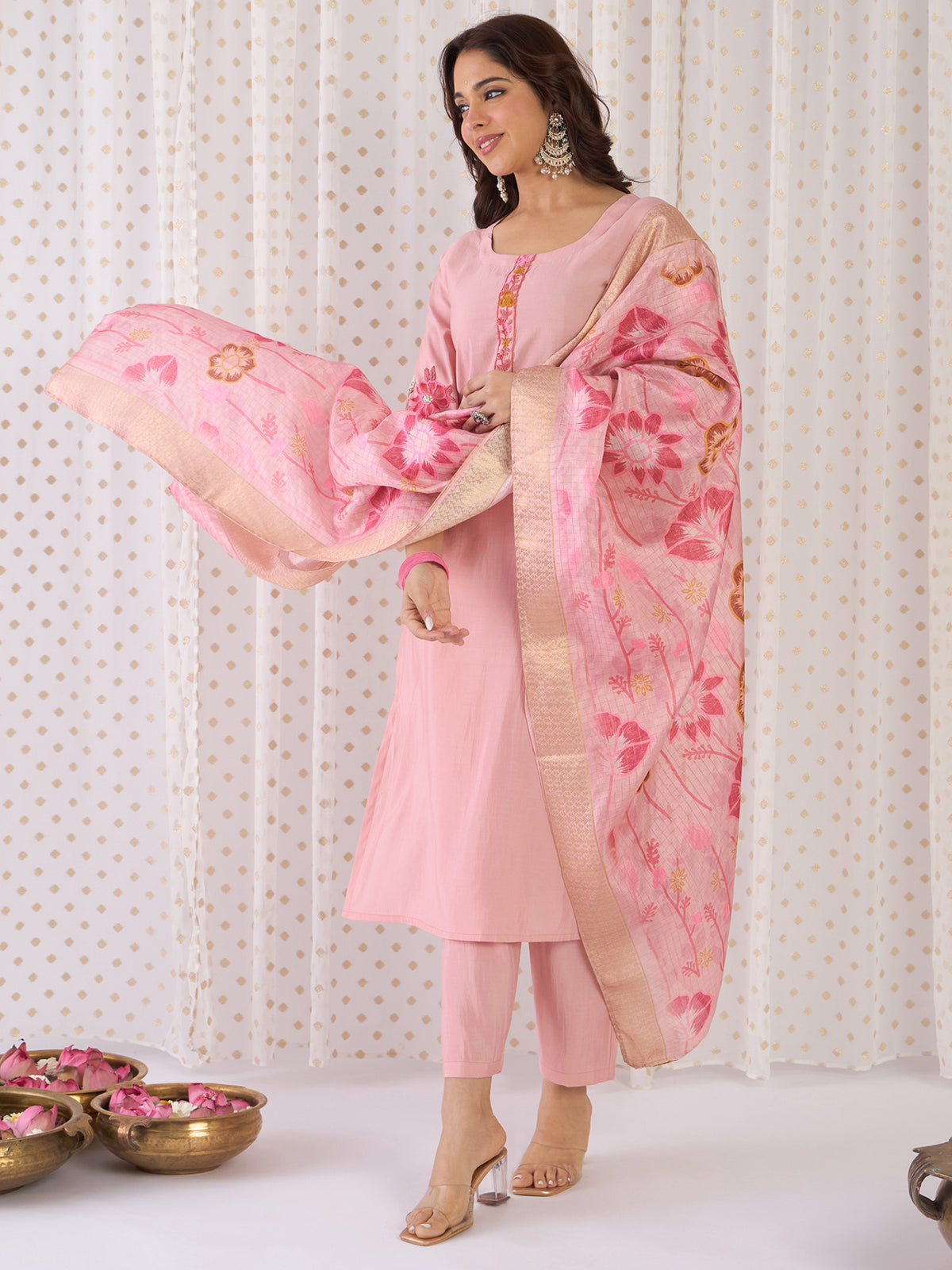 Peach Embroidered Straight Kurta Trousers With Dupatta Set