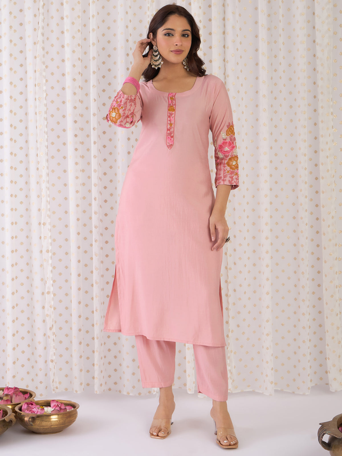 Peach Embroidered Straight Kurta Trousers With Dupatta Set