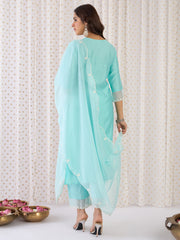 Blue Embroidered Straight Kurta Trousers With Dupatta Set