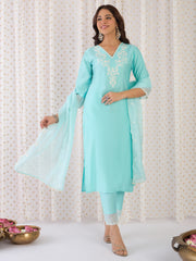 Blue Embroidered Straight Kurta Trousers With Dupatta Set
