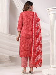 Maroon Printed Straight Kurta Trousers With Dupatta Set