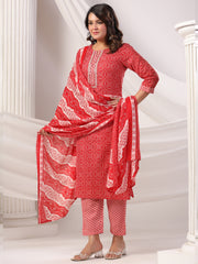 Maroon Printed Straight Kurta Trousers With Dupatta Set