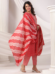 Maroon Printed Straight Kurta Trousers With Dupatta Set
