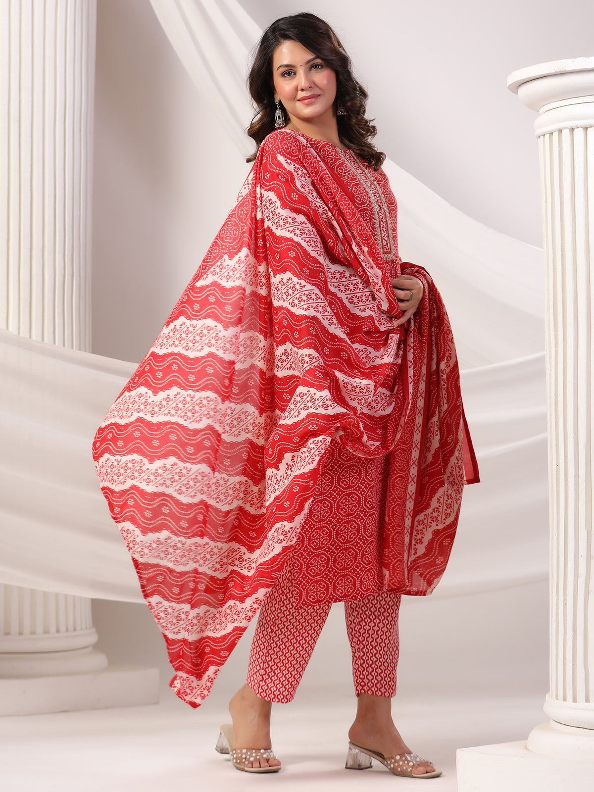 Maroon Printed Straight Kurta Trousers With Dupatta Set