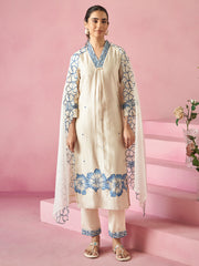 Off White Embroidered Straight Kurta Trousers With Dupatta Set