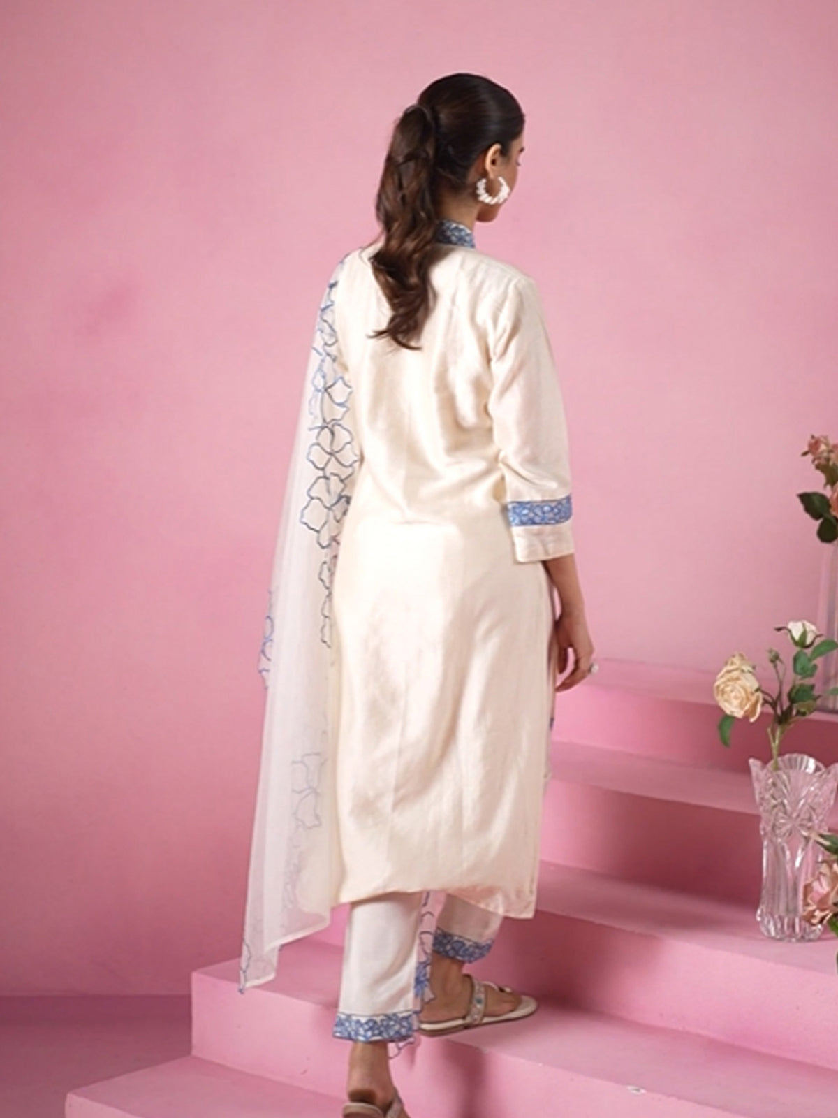 Off White Embroidered Straight Kurta Trousers With Dupatta Set