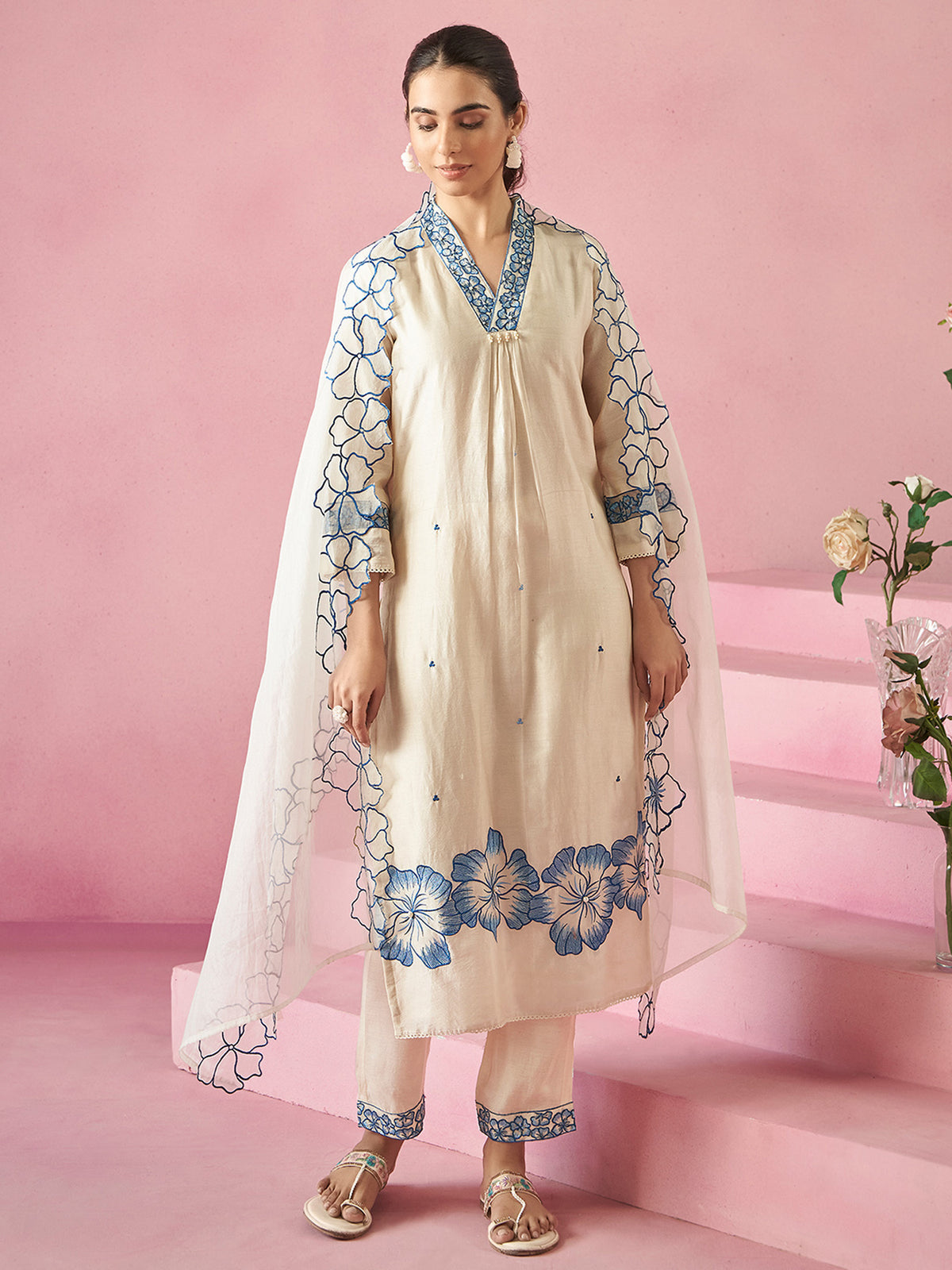 Off White Embroidered Straight Kurta Trousers With Dupatta Set