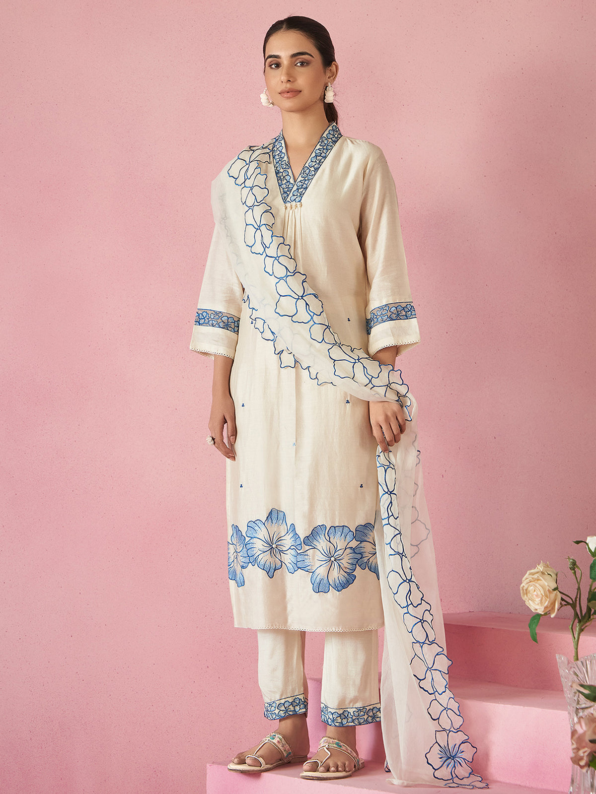 Off White Embroidered Straight Kurta Trousers With Dupatta Set