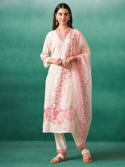 Off White Embroidered Straight Kurta Trousers With Dupatta Set