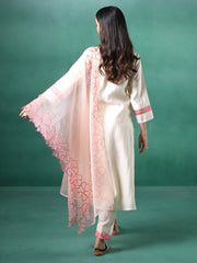 Off White Embroidered Straight Kurta Trousers With Dupatta Set