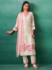 Off White Embroidered Straight Kurta Trousers With Dupatta Set