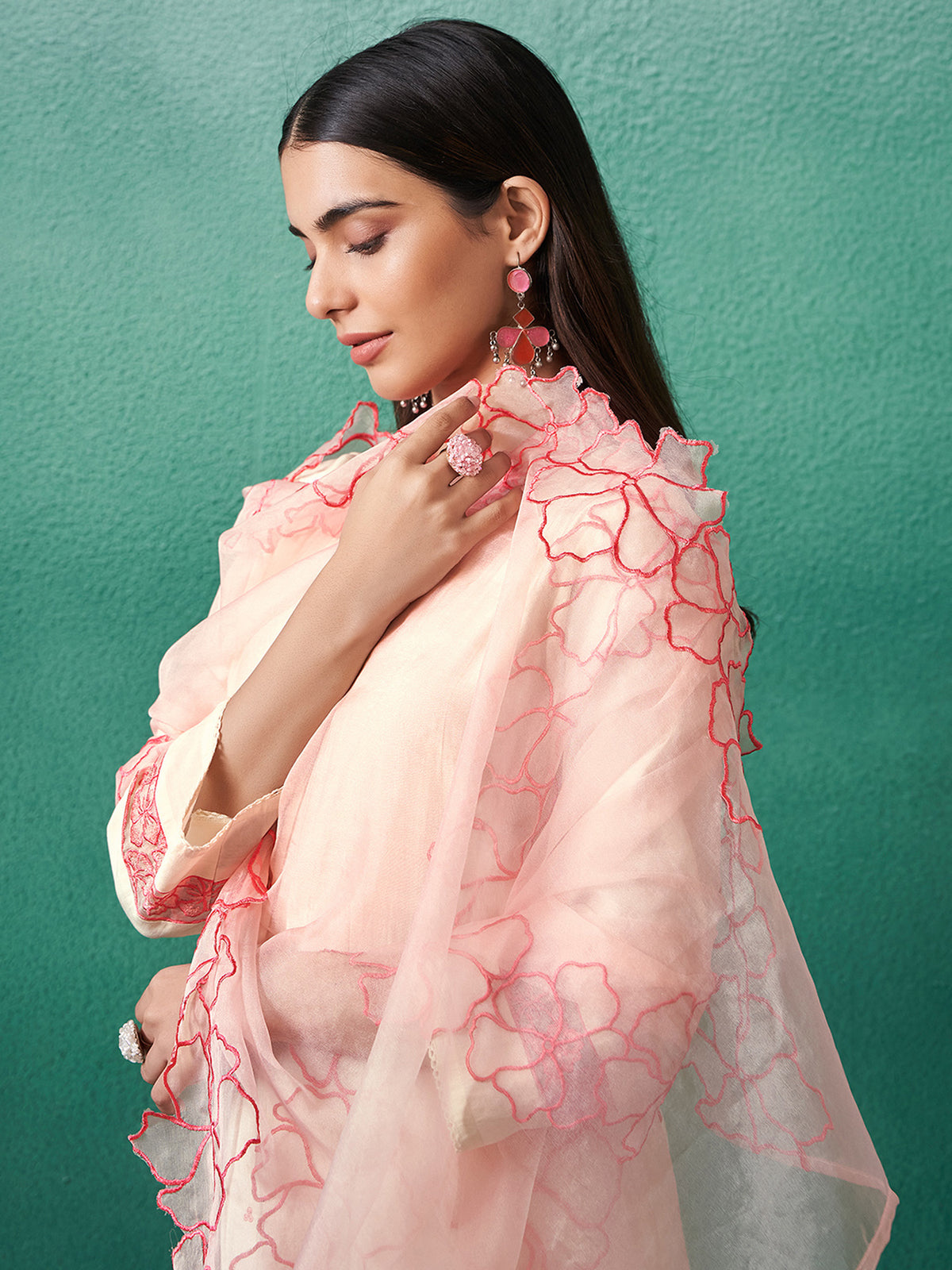 Off White Embroidered Straight Kurta Trousers With Dupatta Set