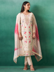 Cream Embroidered Straight Kurta Trousers With Dupatta Set