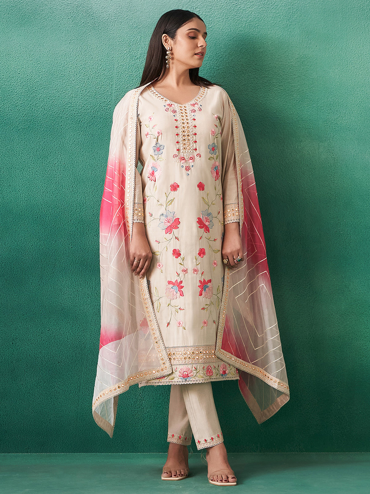 Cream Embroidered Straight Kurta Trousers With Dupatta Set