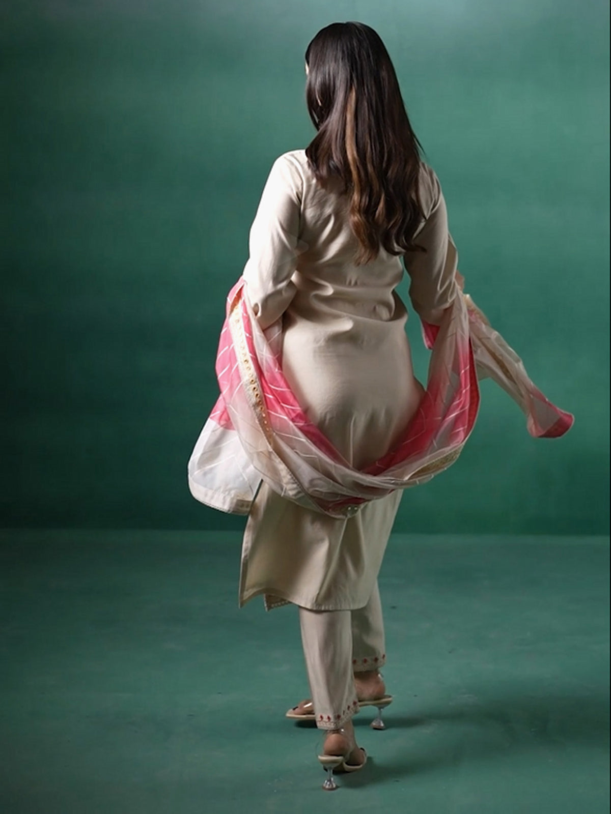 Cream Embroidered Straight Kurta Trousers With Dupatta Set