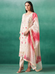 Cream Embroidered Straight Kurta Trousers With Dupatta Set