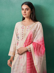 Cream Embroidered Straight Kurta Trousers With Dupatta Set