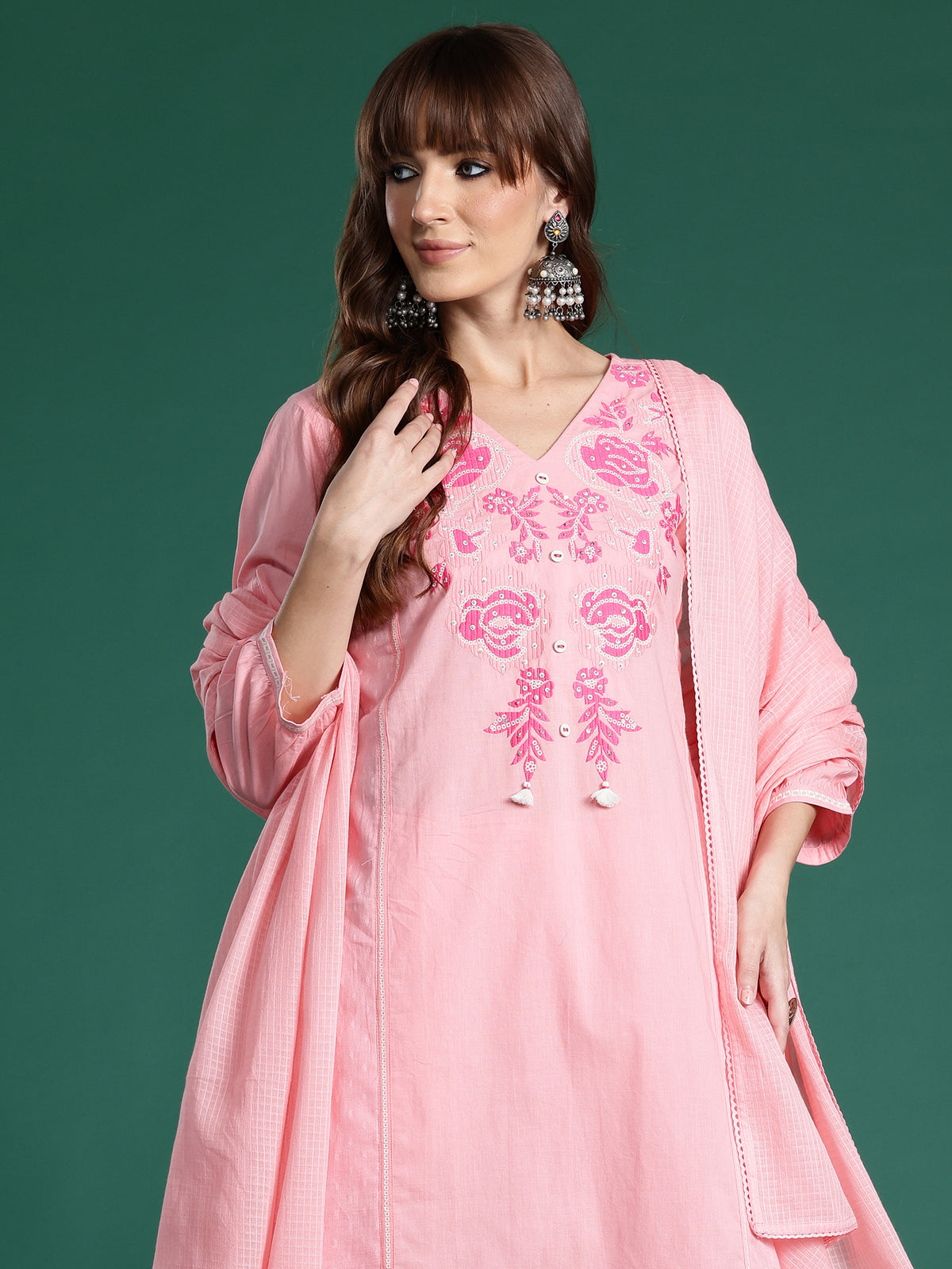 Pink Embroidered Straight Kurta Trousers With Dupatta Set