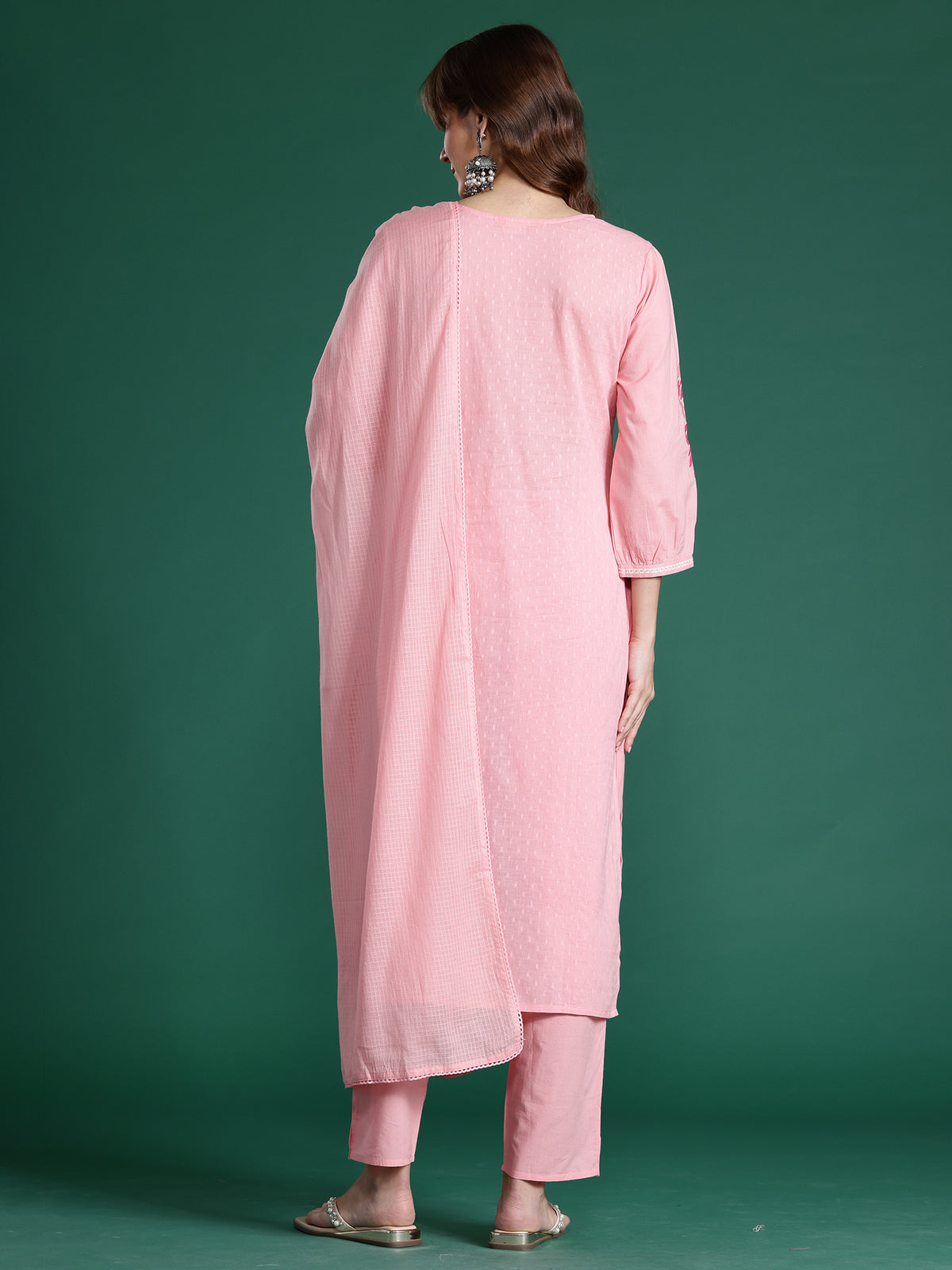 Pink Embroidered Straight Kurta Trousers With Dupatta Set