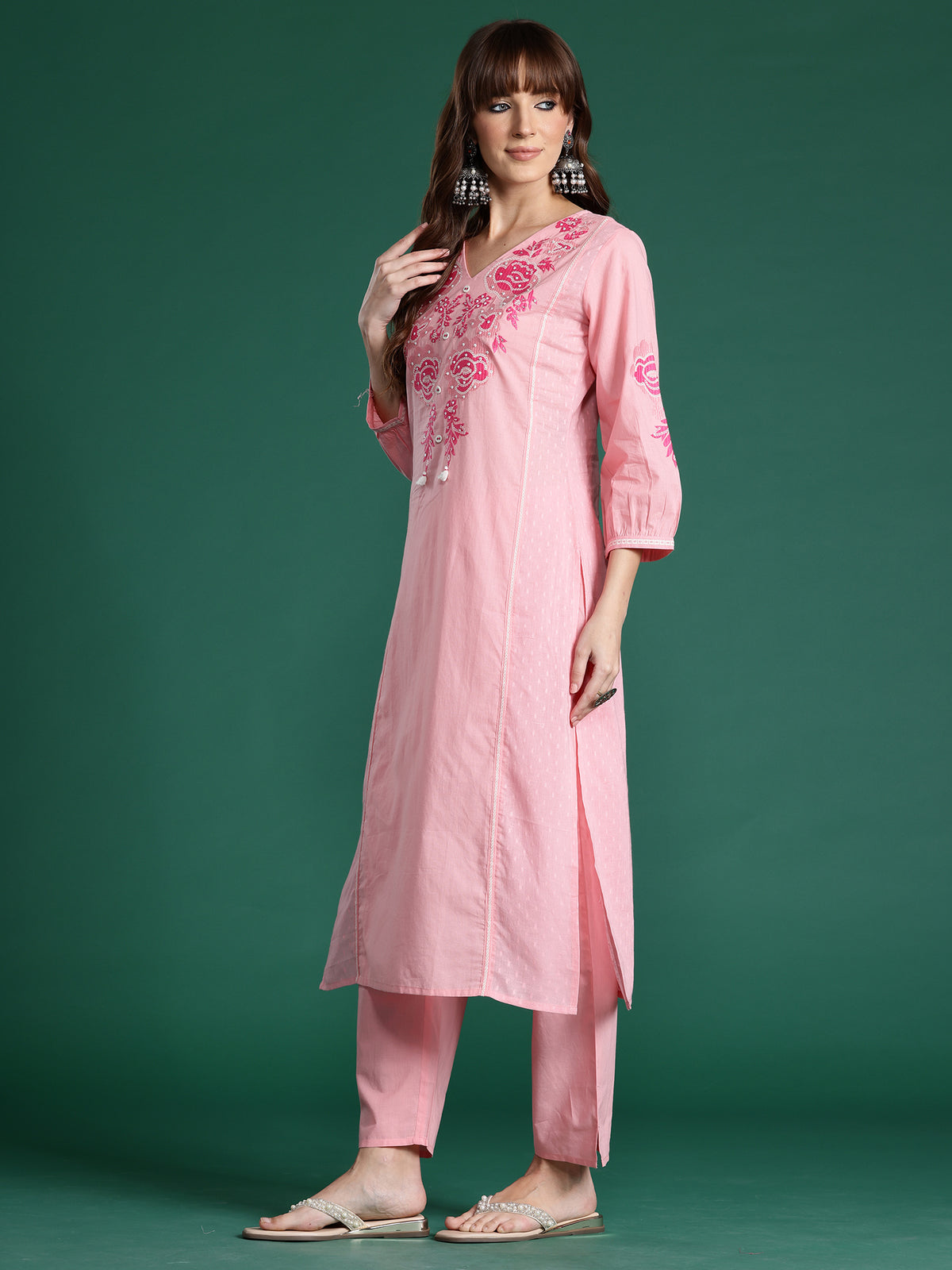 Pink Embroidered Straight Kurta Trousers With Dupatta Set