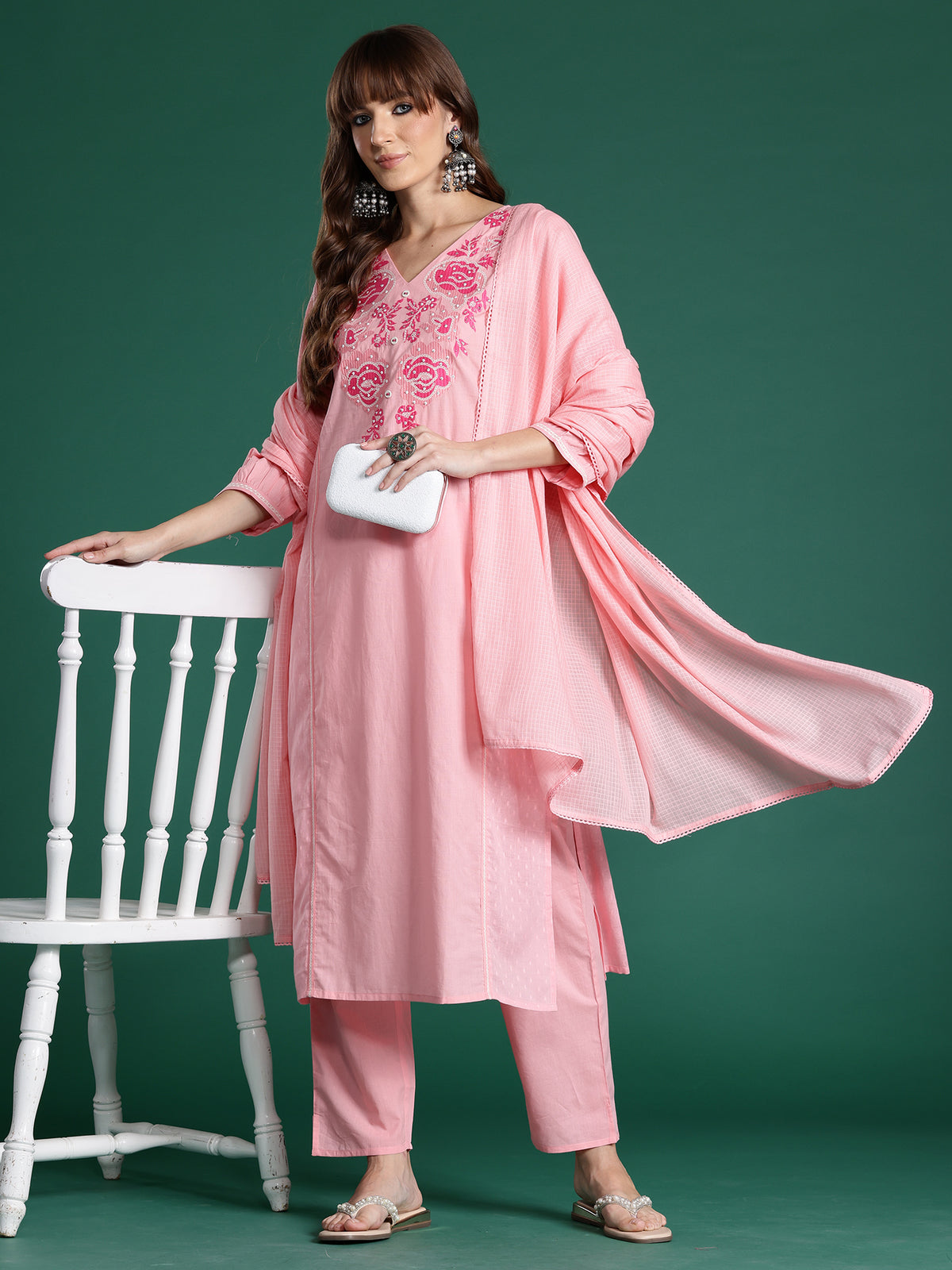Pink Embroidered Straight Kurta Trousers With Dupatta Set