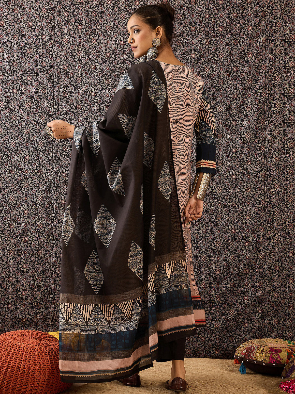 Beige Printed Straight Kurta Trousers With Dupatta Set