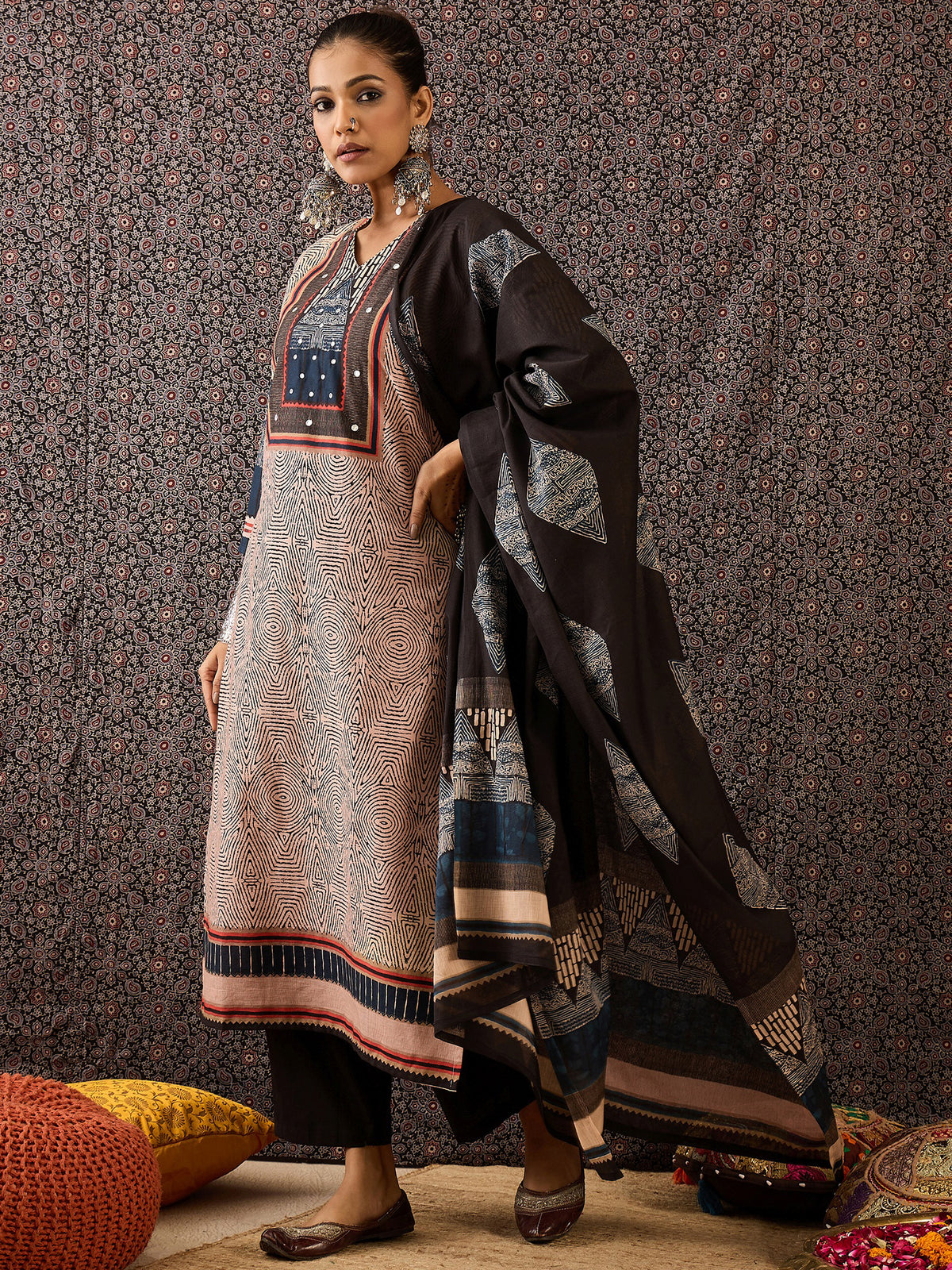 Beige Printed Straight Kurta Trousers With Dupatta Set