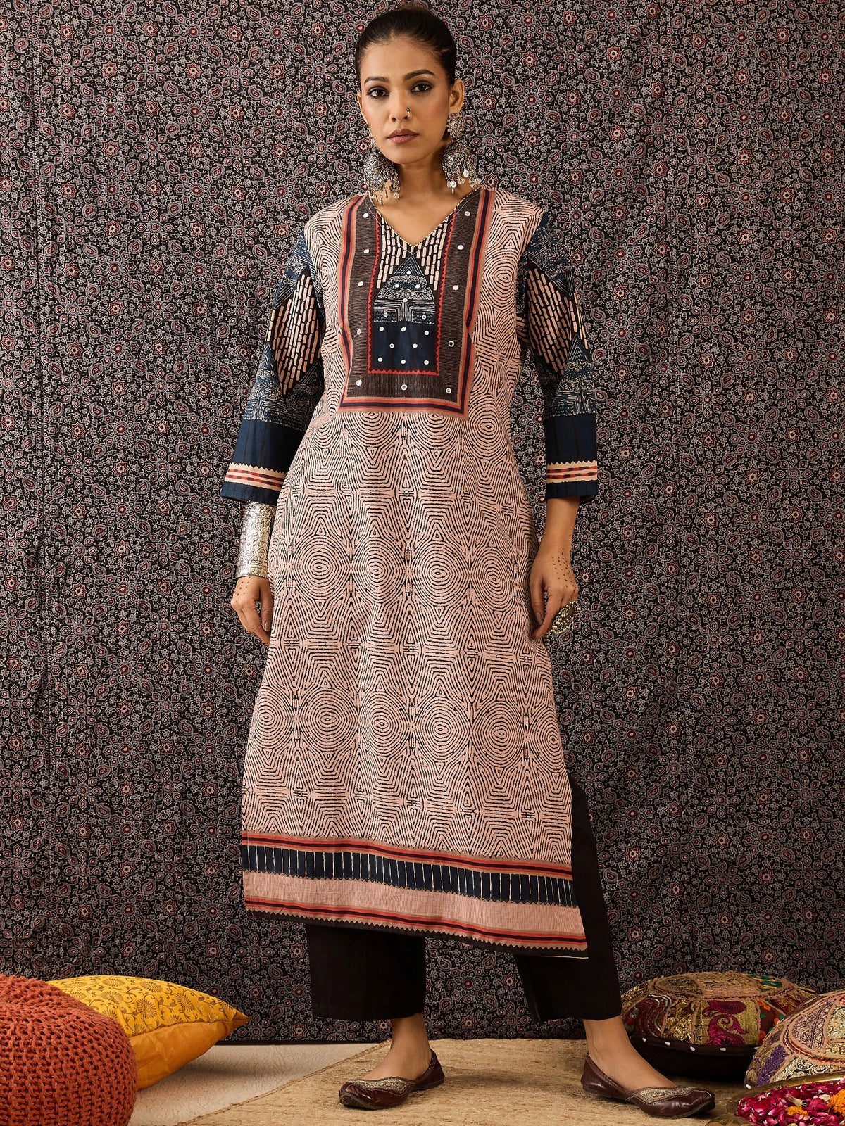 Beige Printed Straight Kurta Trousers With Dupatta Set