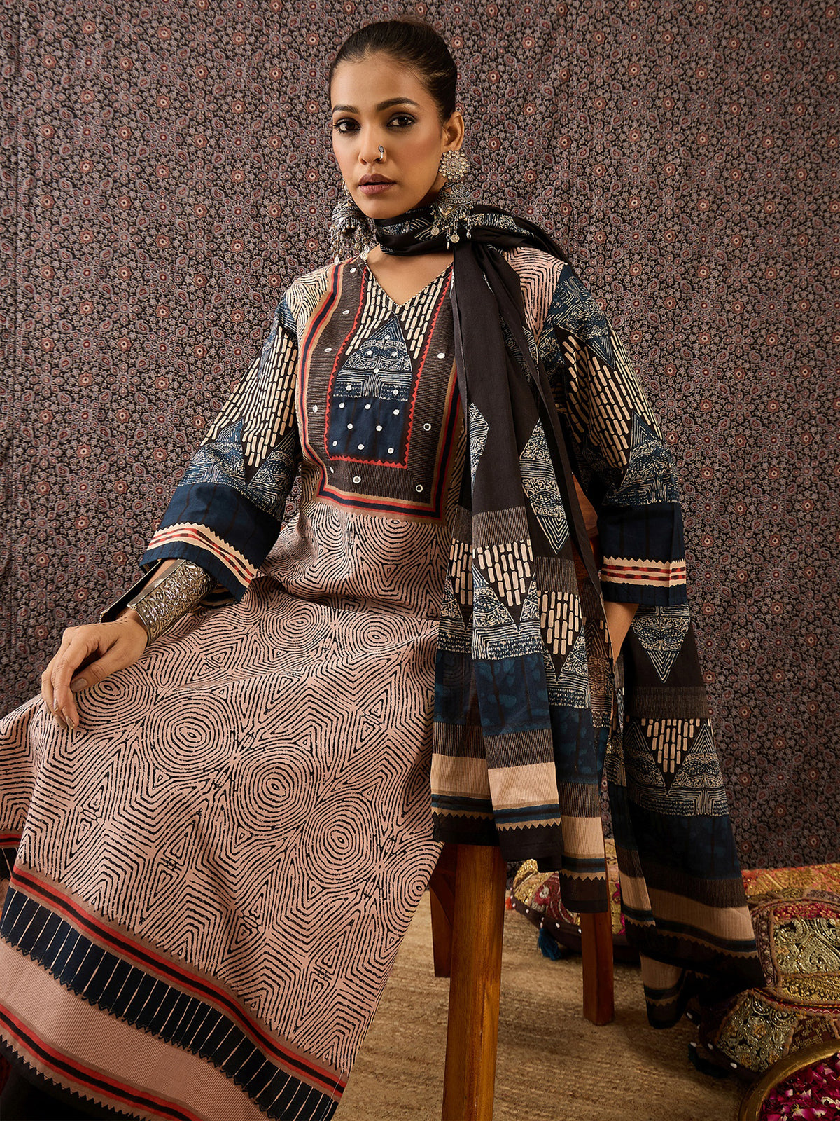 Beige Printed Straight Kurta Trousers With Dupatta Set