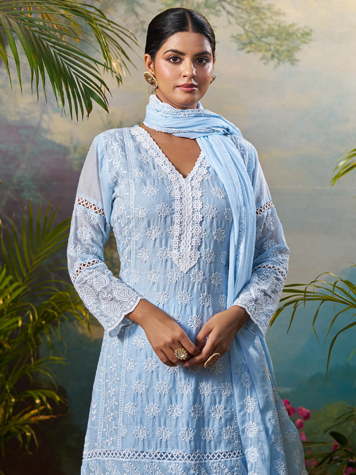 Blue Embroidered Straight Kurta Trousers With Dupatta Set