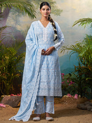 Blue Embroidered Straight Kurta Trousers With Dupatta Set