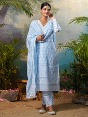 Blue Embroidered Straight Kurta Trousers With Dupatta Set