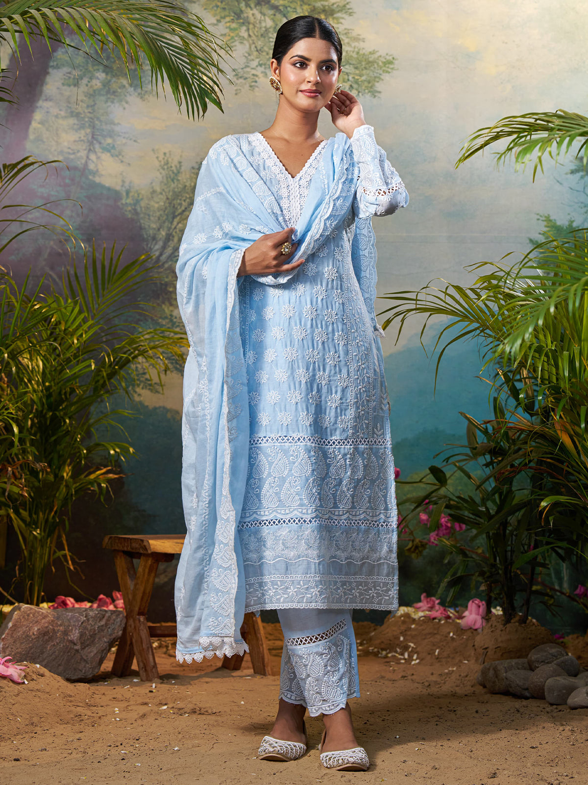 Blue Embroidered Straight Kurta Trousers With Dupatta Set
