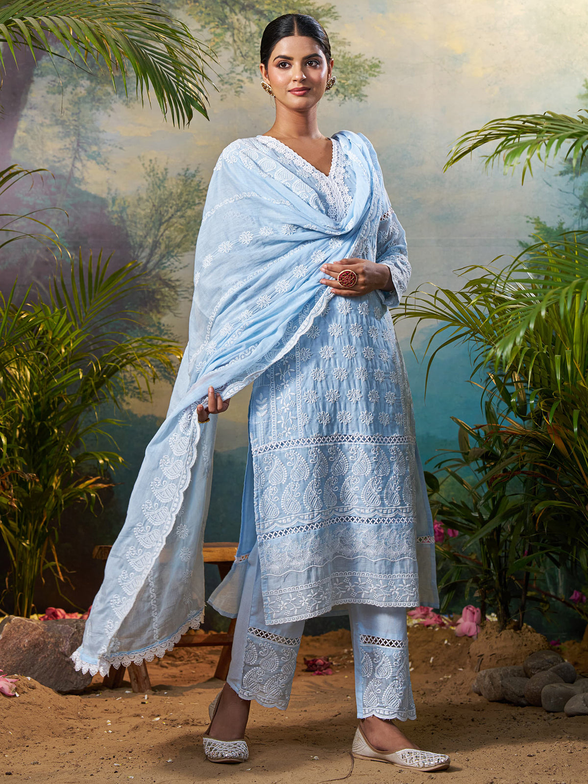 Blue Embroidered Straight Kurta Trousers With Dupatta Set
