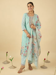 Blue Embroidered Straight Kurta Trousers With Dupatta Set