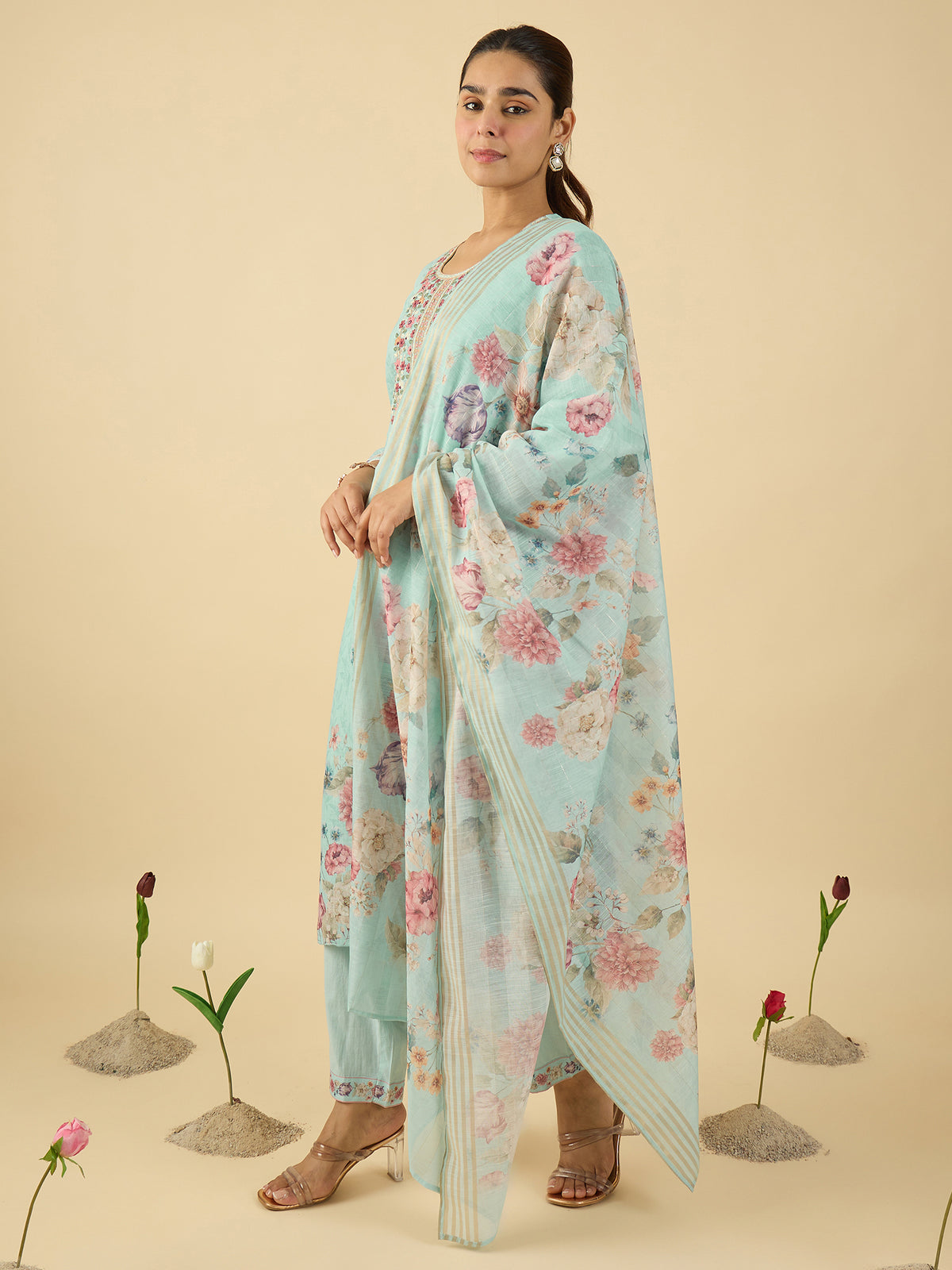 Blue Embroidered Straight Kurta Trousers With Dupatta Set