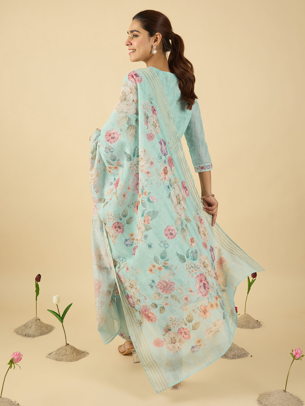 Blue Embroidered Straight Kurta Trousers With Dupatta Set