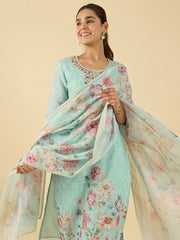 Blue Embroidered Straight Kurta Trousers With Dupatta Set