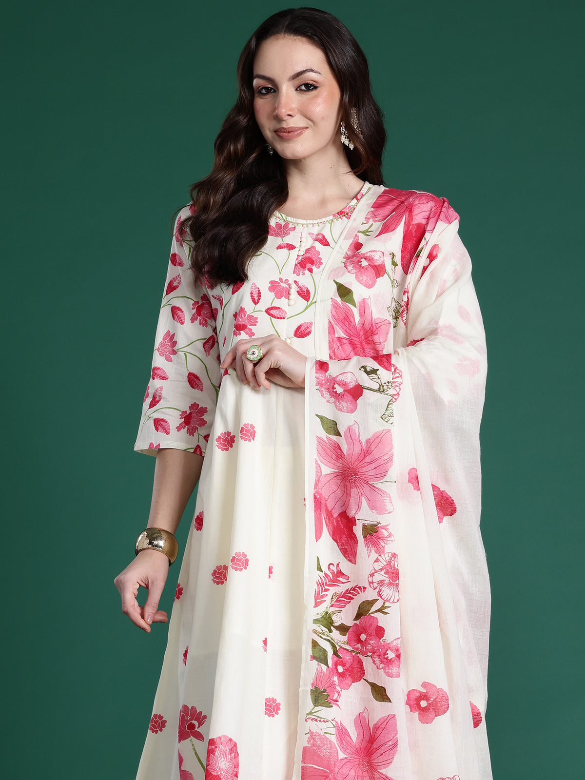 Off White Printed A-Line Kurta Trousers With Dupatta Set