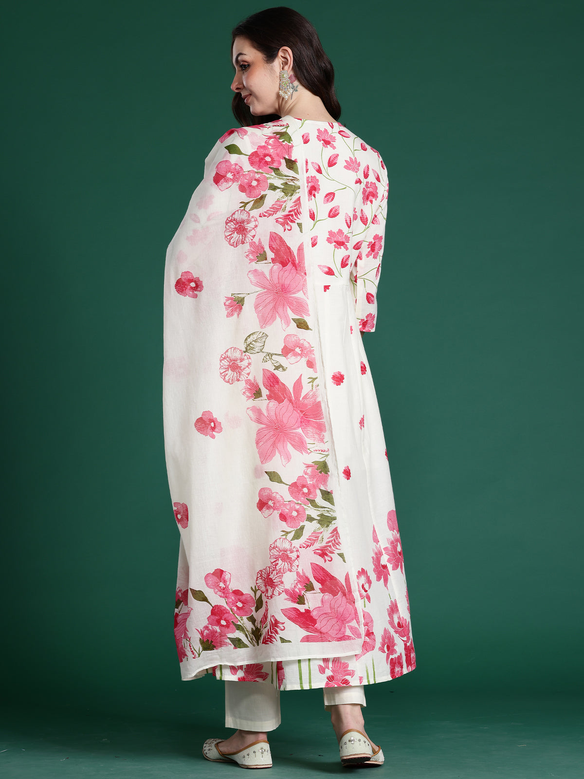 Off White Printed A-Line Kurta Trousers With Dupatta Set