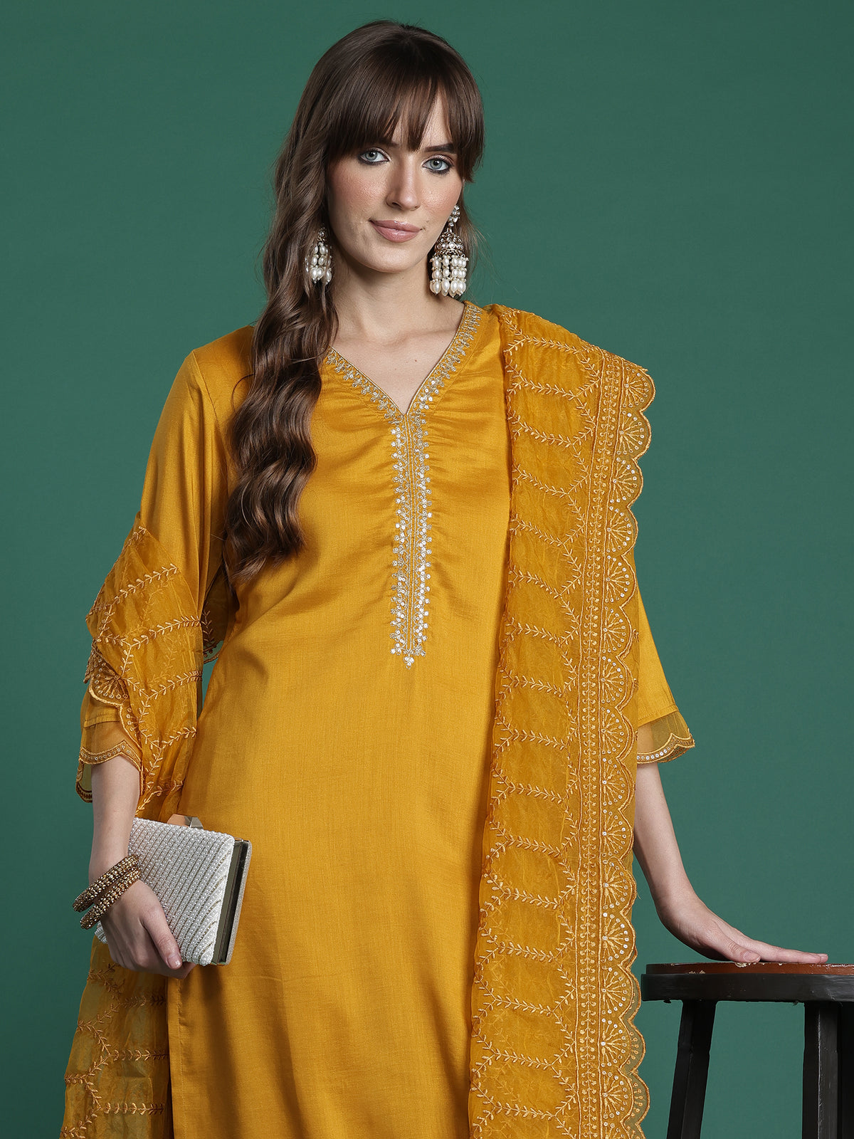 Mustard Embroidered Straight Kurta Trousers With Dupatta Set