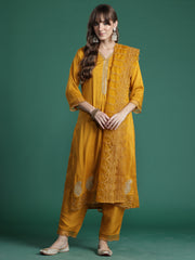 Mustard Embroidered Straight Kurta Trousers With Dupatta Set
