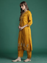 Mustard Embroidered Straight Kurta Trousers With Dupatta Set